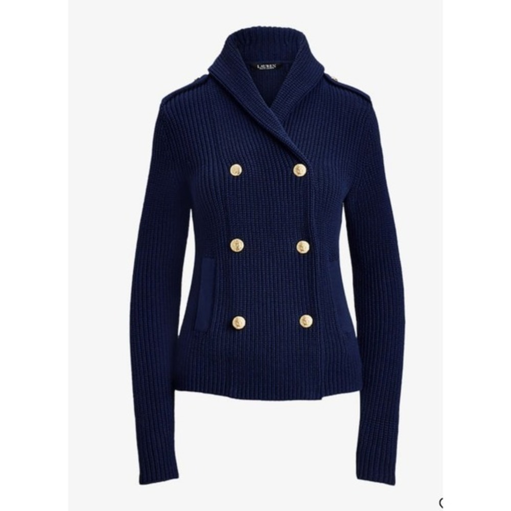 Lauren Knit Military Cardigan Gold Button Shawl Collar Jacket Blue Size X large